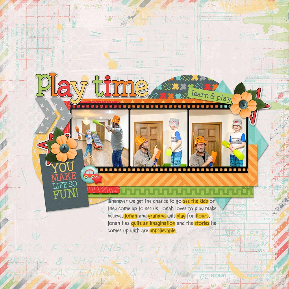 Page & Photos: Play Time by Lisa HelsethTutorial: Highlight Type with the Brush Tool by Carla Shute Kits: Boy Wonder by Aprilisa Designs, film strip by Katie Pertiet Font: Featly Note 