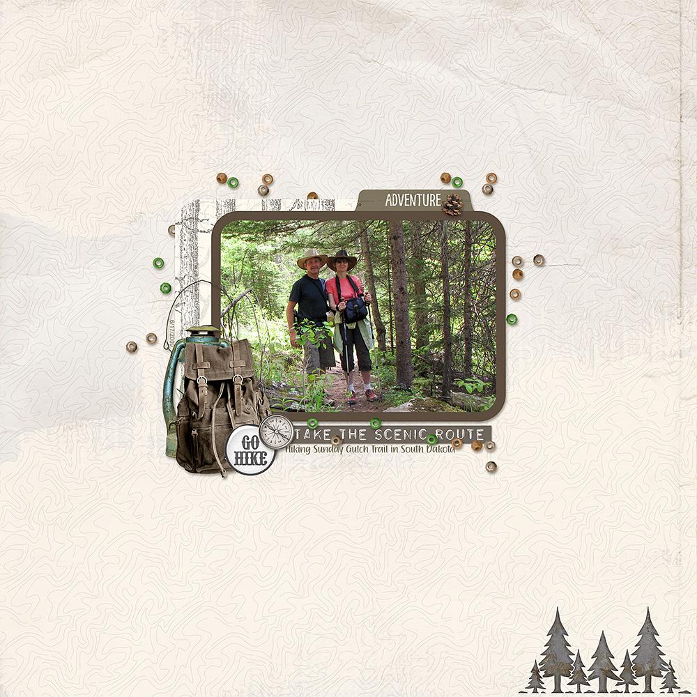 Page & Photos: Hiking by Lisa HelsethTutorial: Rounded-Corner Clipping Mask by Carla Shute Kit: Curated Team Mix No5 by Joanne Caruth Font(s): Arial, Great Mothers 
