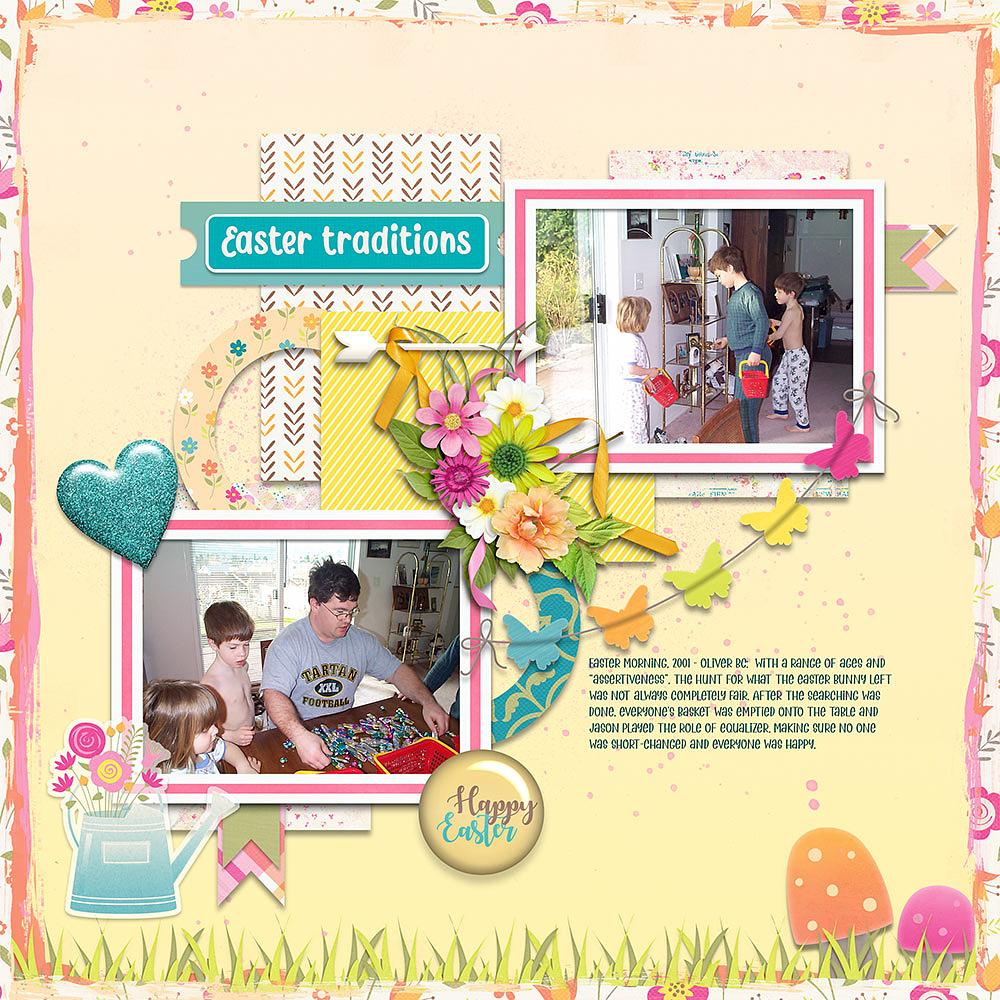 Page & Photos: Michelle BelisleTutorial: Vellum Sticker by Gina Harper Kits: Life is Sweet, Aviary, Easter Sunday, Happy Easter and In Flowers by Neia Scraps Font: Easy Peasy 